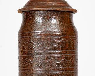 Rare Diminutive Glazed Redware Jar with Lid, attributed to the Hinkle-Mort Pottery, Jefferson County, TN, circa 1855-1860. ($1000-$1500)
