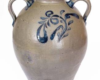 Important and Possibly Unique Five-Gallon Lidded Stoneware Water Cooler with Incised Floral Decoration, Inscribed "Made by Jn Floyd / June 30 1857 / Knox Couty(sic) Tenn," John Floyd at the Graves Pottery, Knox County, TN, 1857 ($20,000 - $30,000)