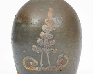 Very Rare Jug with White-Slip Foliate Decoration, attributed to the Mottern Pottery, Carter County, TN, circa 1880-1890. ($800-$1200)
