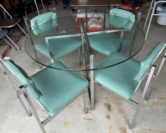 VINTAGE CONTEMPORY MODERN CROME DINING CHAIRS W/ CROME AND CIRCULAR GLASS TOP TABLE!