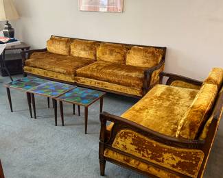 MCM 3 PC MULTICOLOR GLASS TOP TABLES, CRUSHED VELVET SOFA W/ MATCHING LOVE SET- ALL LIGHTLY USED