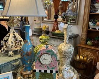 Whimsical painted French mantle clock, Turquoise and gilt glazed Italian bottle form lamp, Occasional table with round etched mirrored top, and more!