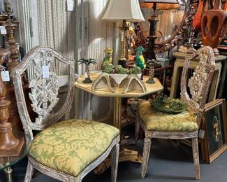 Pair of painted Italian side chairs with new damask upholstered seats