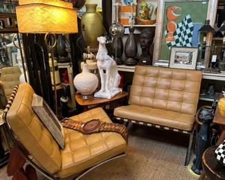 Pair of 1990s Knoll Barcelona Chairs (the originals) in Acqua Leather - Botany Bay colorway, Fun 1950s wristwatch wall clock, 1950s floor lamp with original shade, and more!