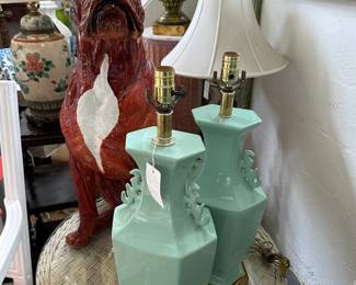 Vintage glazed terracotta boxer (trained to sit and stay). Pair vintage celedon lamps.