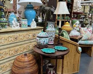 Round bamboo side table, Pencil reed lidded urn, Painted Italian commode.