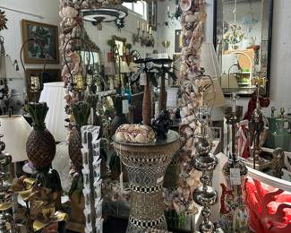 Seashell encrusted mirror, Bone-inlay drum accent table, Sailors Valentine box.
