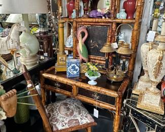 Rare English Victorian burnt bamboo and lacquer desk, Bamboo side chair, Vintage tole bouillotte lamp.