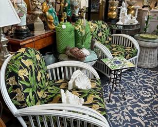 Pair of stylish painted pencil reed lounge chairs with new uphostery, tile top table, pair of painted woven wicker mushroom end tables, and more!