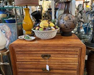 Pencil reed waterfall three-drawer commode, Large Italian pottery fruit basket, 1950s pottery lamps.