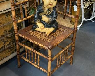 Victorian burnt bamboo corner chair, 19c. chalkware child figure.