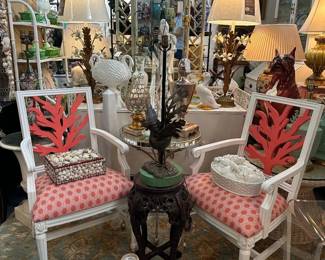 Pair of vintage Century Furniture armchairs with coral backrests, 19th century carved rosewood Chinese stand, Whimsical bird lamp, Seashell encrusted box.