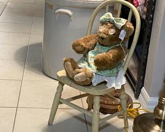 Child’s spindle back farm chair and 20 Gallon crock