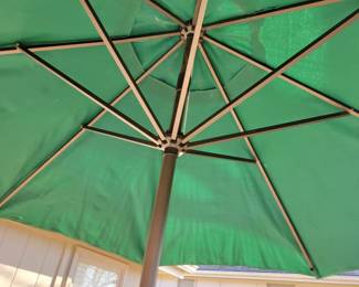 WHITE WROUGHT IRON PATIO SET WITH FOUR SPRING ACTION CHAIRS $150, UMBRELLA AND BASE $50