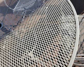 WHITE WROUGHT IRON PATIO SET WITH FOUR SPRING ACTION CHAIRS $150, UMBRELLA AND BASE $50