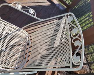WHITE WROUGHT IRON PATIO SET WITH FOUR SPRING ACTION CHAIRS $150, UMBRELLA AND BASE $50