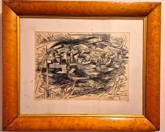 372 - Carson Davenport "Chincoteague Harbor" Sketch 23" x 19" pencil sketch on paper, Bird's Eye maple frame listed artist from Danville, VA