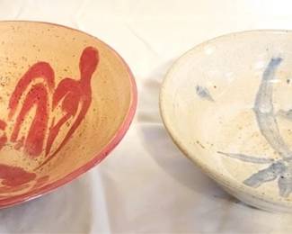 57x - 2 Art Pottery Bowls, signed 9" round - one has small chip on rim