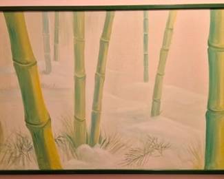 382 - Becky Hodges Mid-Century Canvas Painting 48" x 24" Bamboo Subject, Signed, Dated 1986