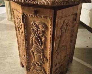 1169 - Vintage Guatemalan Carved Wood Table 2 piece, Mayan scene panels 19 x 18