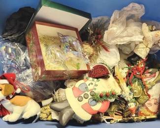 603 - Tote of Vintage Christmas Ornaments & more (tote if blue)