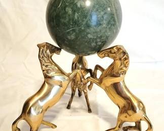 226 - Brass Horses w / Marble Ball - 11.5" Tall