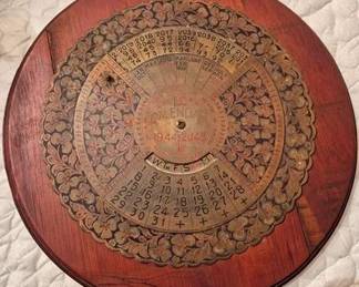 70 - 100 Year Rotating Calendar, Wood & Brass 10" Round 1944-2043