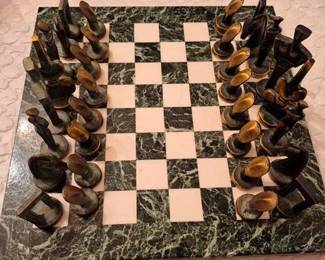 84 - Marble / Brass Chess Set - 12" x12"