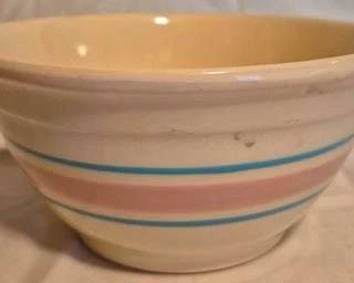 156 - McCoy Ovenware Pink/Blue Ring Mixing Bowl Medium Size