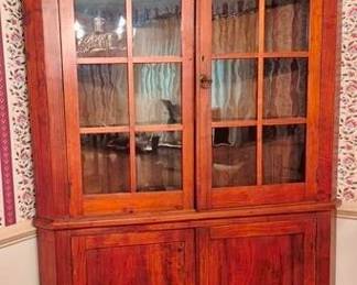55x - Early Walnut Corner Cupboard individual window lites 84 x 52 x 37