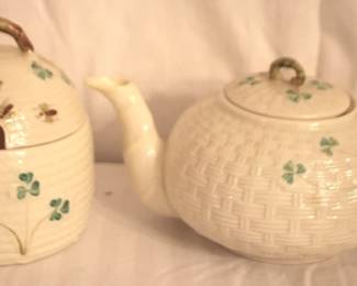 42 - Belleek Shamrock Teapot & Honey Jar