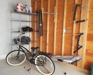 Garage goodies - shelving, racks. Bike is SOLD