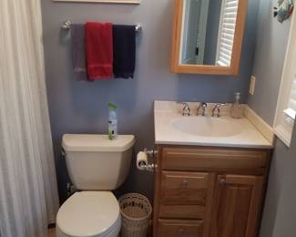 Petite bath vanity; mirror; vanity light