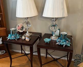 Restoration Hardware Beautiful, solid and great condition table lamps (3 in total) silver color with large glass orb, side tables (tables SOLD)