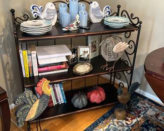 Cookbooks, metal and wood shelf, chicken decor