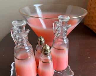 Vintage pink and gold salad bowl with s & p and oil and vinegar