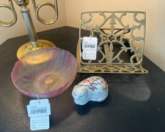 Vintage Brass Book Stand, Rueven Art Glass Bowl, Elizabeth Arden Cat Trinket Box

