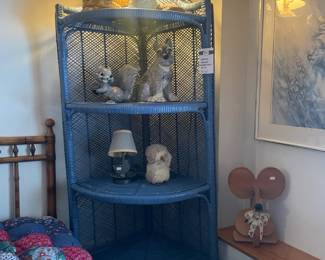 Wicker Shelf, Lamps, Sandicast Collie Figure, Ceramic Squirrel Figure, Coo Coo Ceramics Schnauzer
