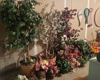 Faux trees, floral arrangements