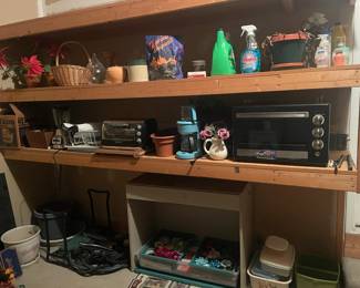 baskets, cleaning supplies, planters, toaster oven