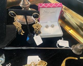 Gorham Sterling Candle Snuffer, Trifari Brooch and Earring Set, Genuine Marcasite Earrings

