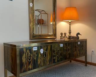 Bernard Rhone Mastercraft Acid Etched Brass Credenza , Acid Etched Brass Mirror