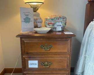 Vintage Wood Nightstand, Oriental Large Floral Ceramic Trinket Box, Haeger Ceramic Plant Pot (B)
