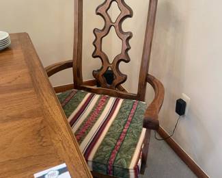 Trestle Wooden Dining Table, 8 Wood and Upholstered Dining Chairs
