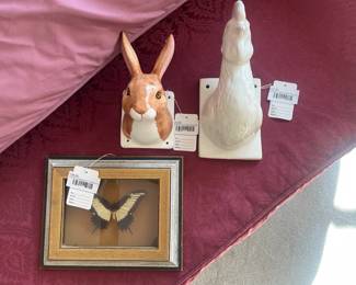 Ceramic Hare Wall Hanging, Ceramic Chicken Wall Hanging, Framed Swallowtail Taxidermy
