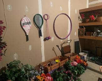 floral arrangements, hula hoop, tennis rackets