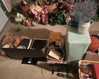 scales, hamper, floral arrangements