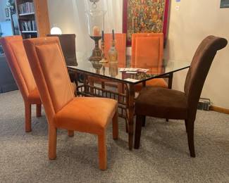 Glass Top Faux Bamboo Dining Table, Dining Chairs, Frosted Glass Decanter, Brass Candle Holder