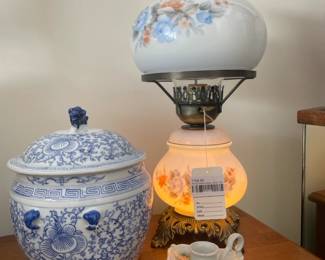 Ornate Blue and White Chinoiserie, Floral Hurricane Lamp (A)
