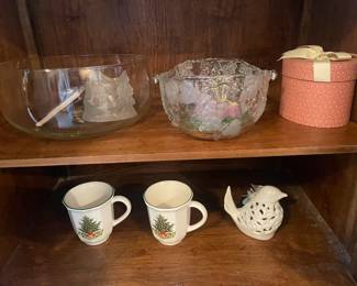 mugs, bird figurine